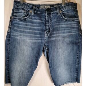 BKE The Buckle Mens Cut Off Tyler Shorts Blue‎ Denim Whiskering 34 Distress